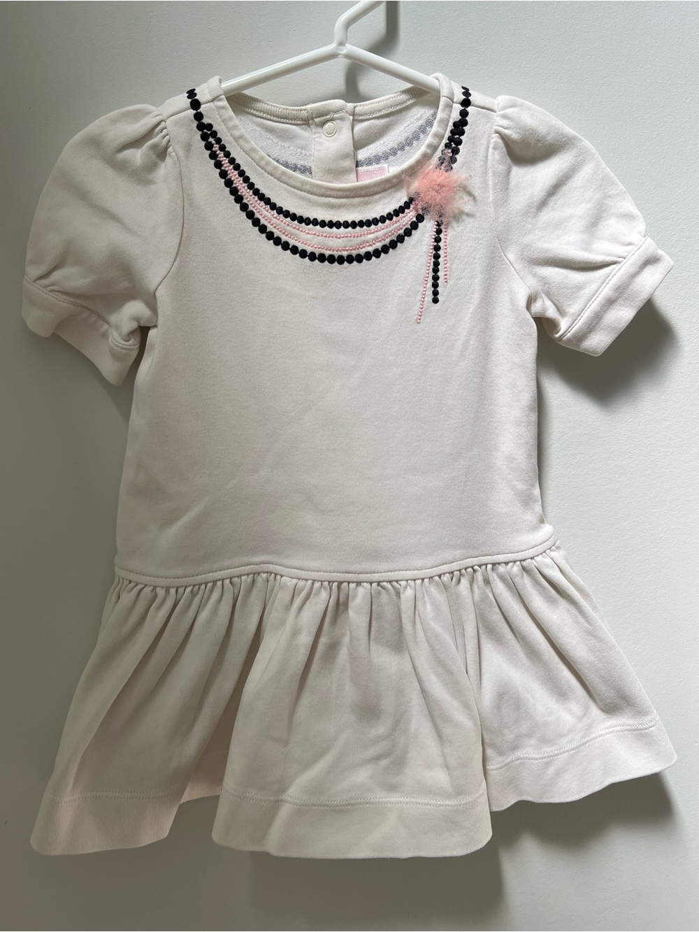 Janie and Jack Cream Dress-Style dresswith Black Beaded Neckline Pink Pom
